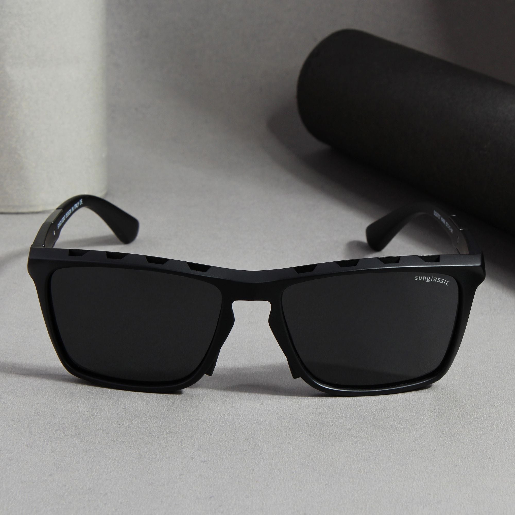 SUNGLASSIC Hawk Black Polarized Sunglasses - Front View, Lightweight TR90 Frame.