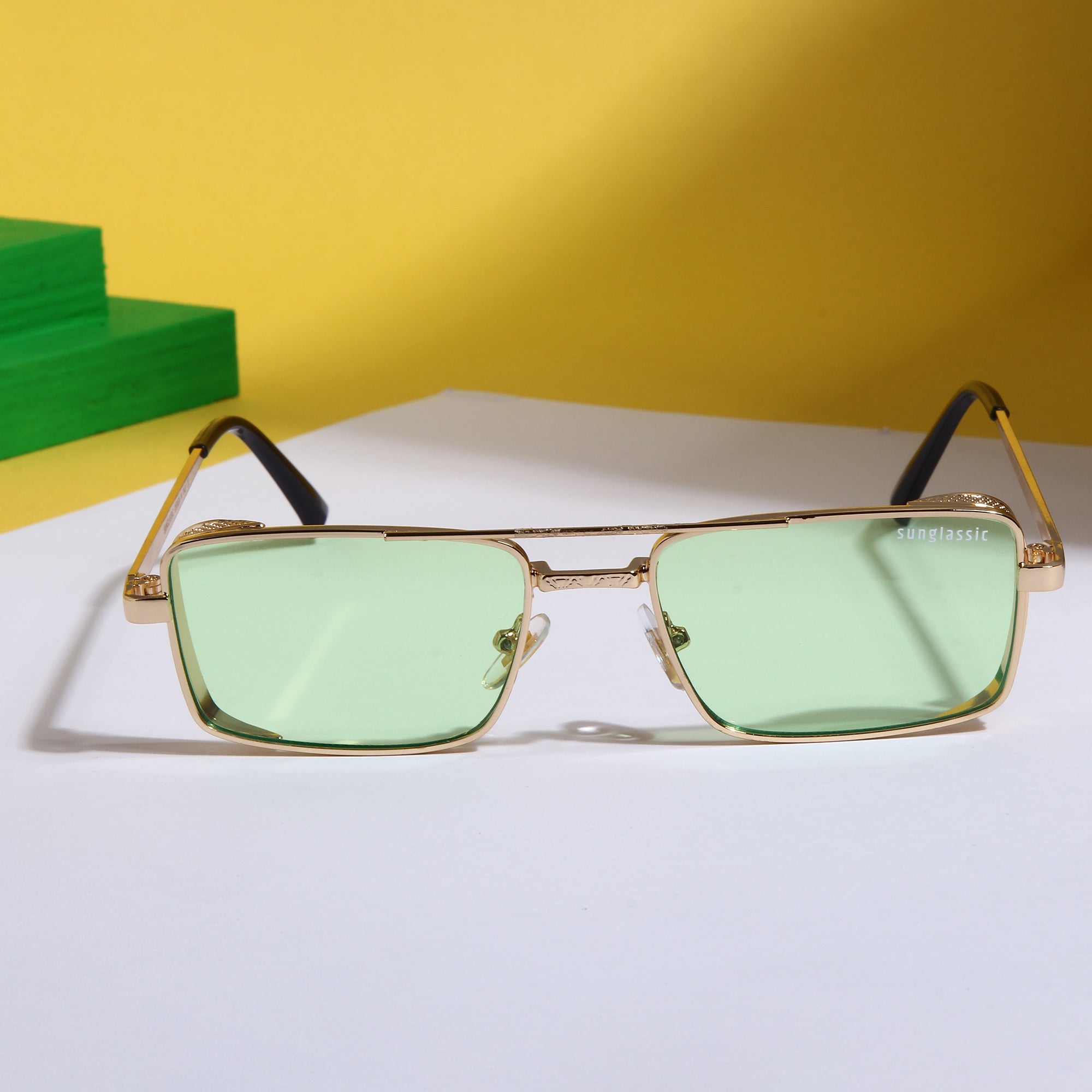 OPERA. Gold Green Rectangle Sunglasses