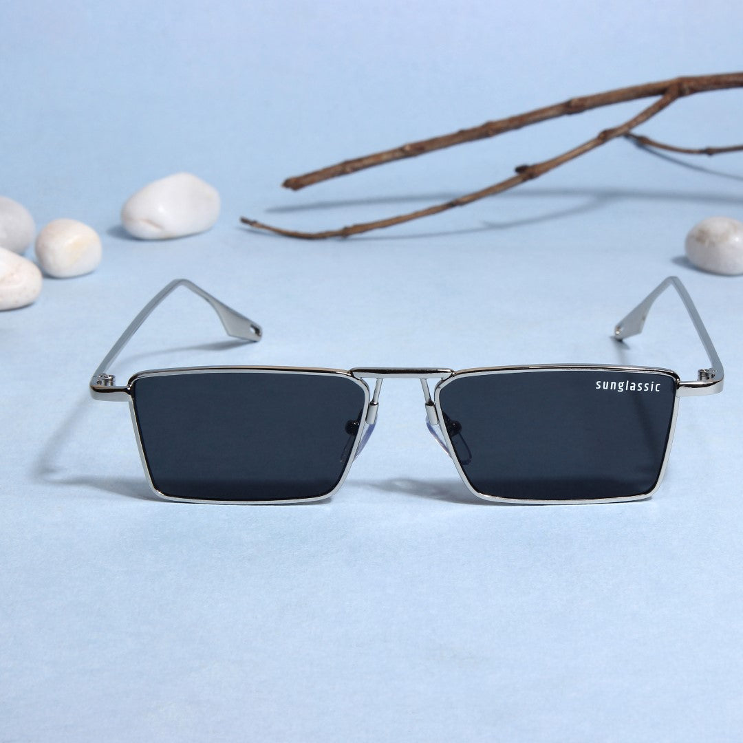 Rebel Silver Black Rectangle Sunglasses