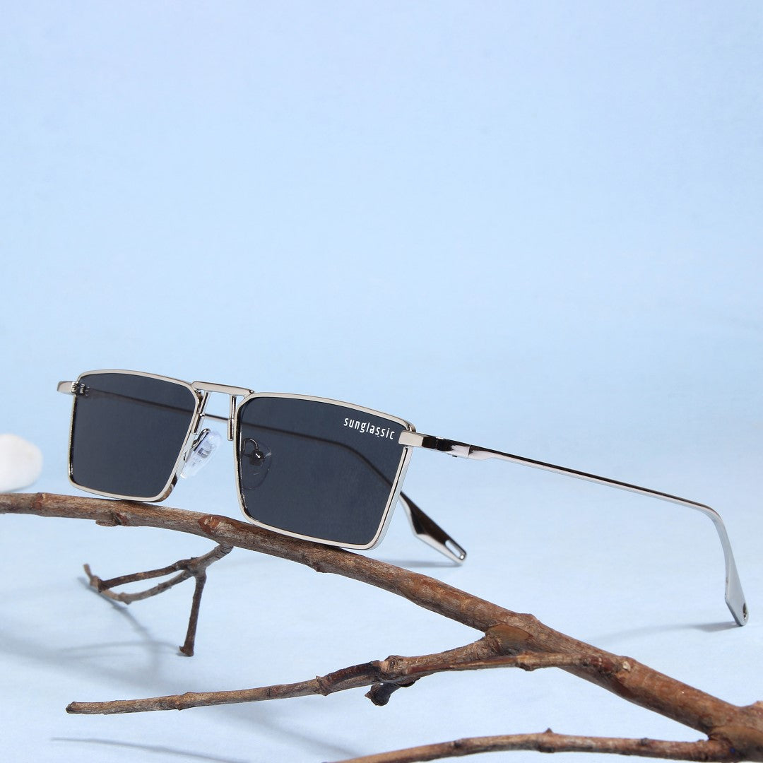 Rebel Silver Black Rectangle Sunglasses