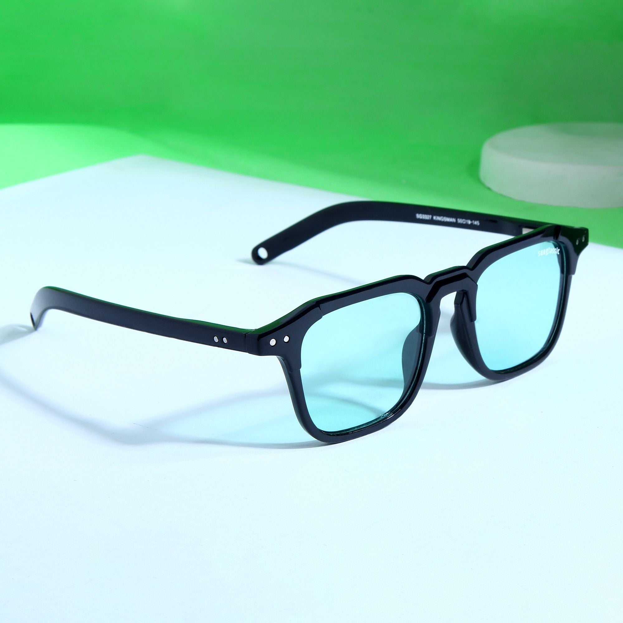 Kingsman black green square sunglasses worn - Sunglassic
