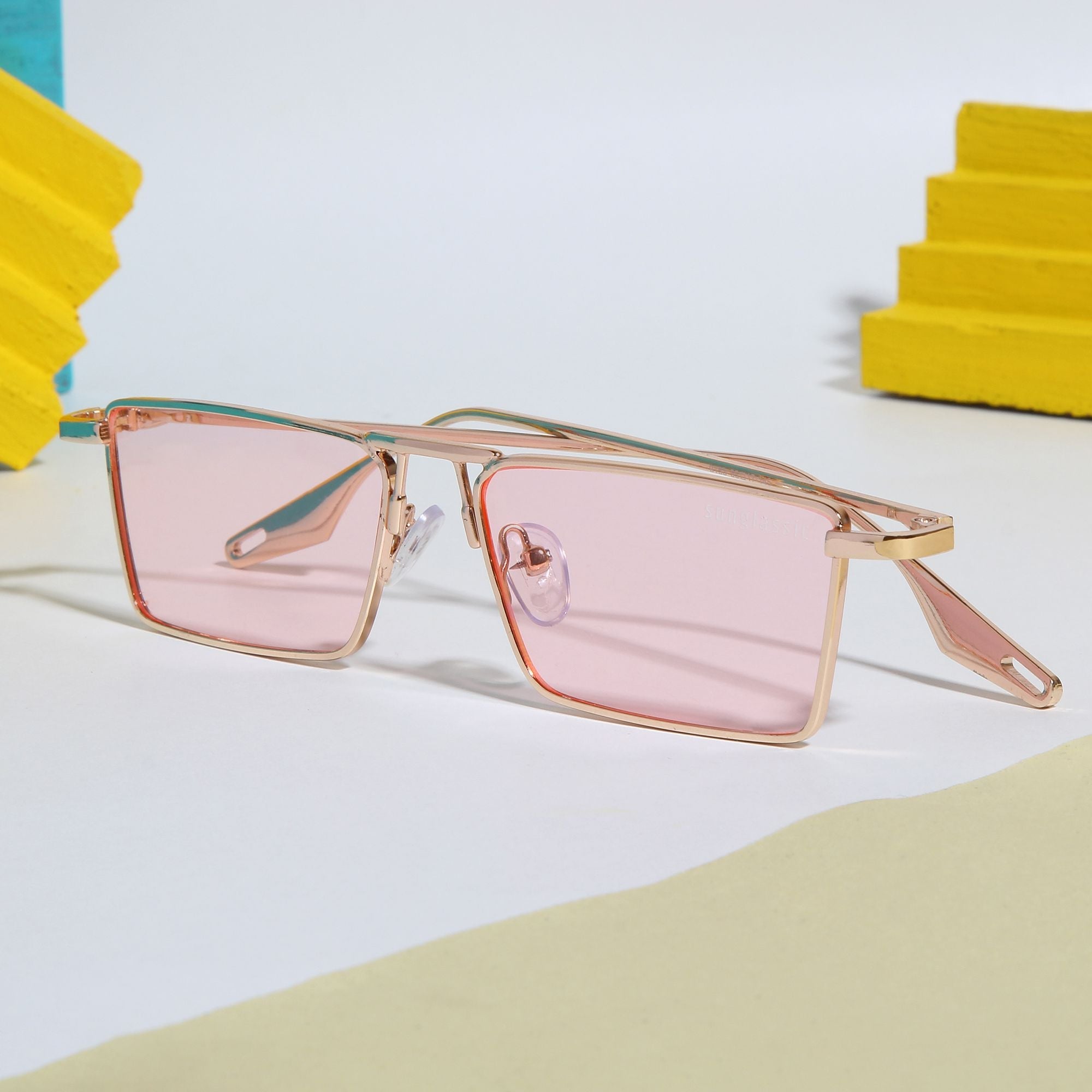 Rebel Edition Gold Pink Rectangle Sunglasses