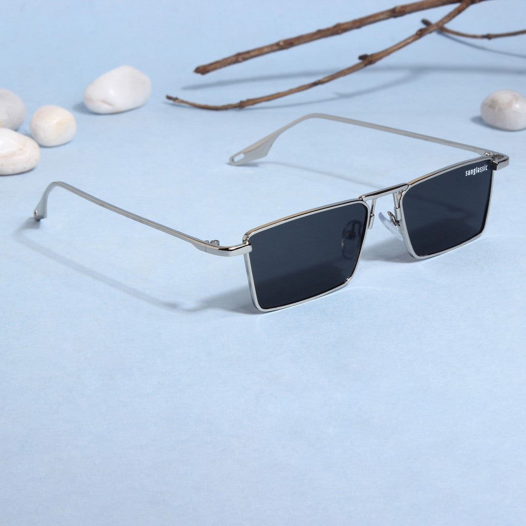 Rebel Silver Black Rectangle Sunglasses