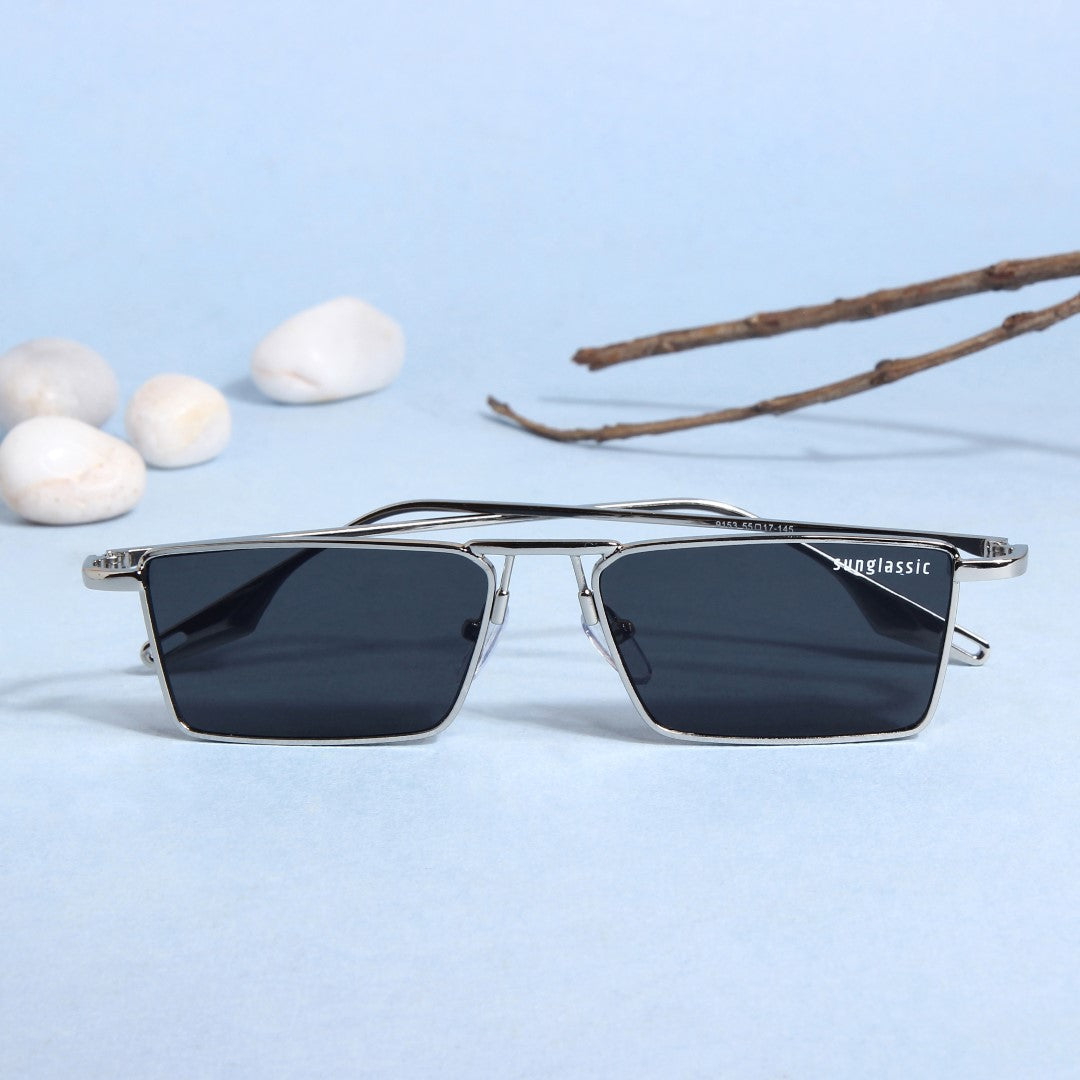 Rebel Silver Black Rectangle Sunglasses